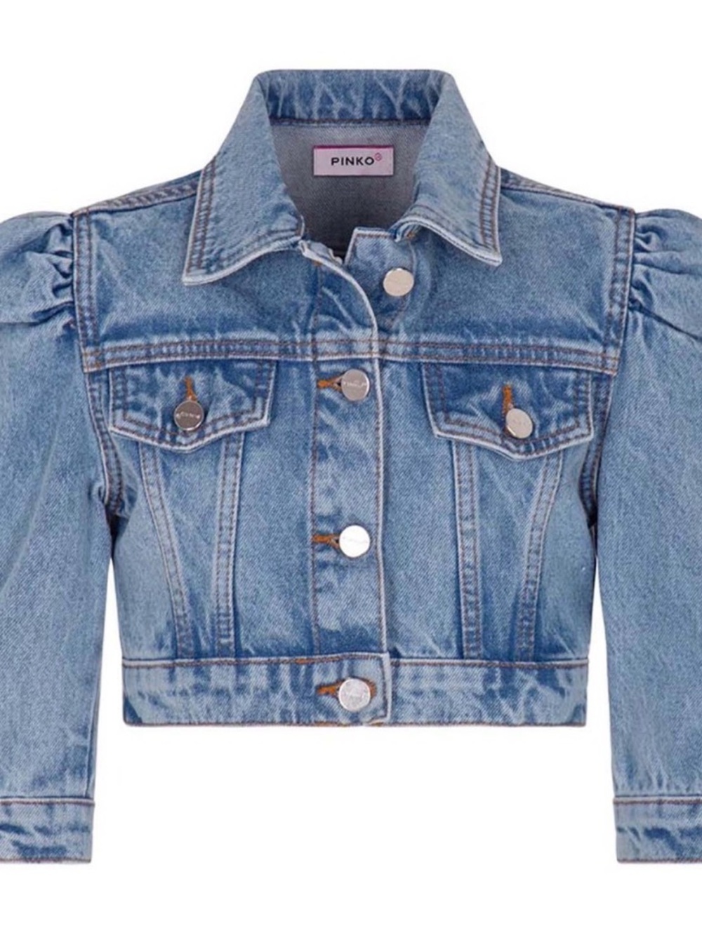 Pinko Light Blue Cropped Denim Jacket with Puff Shoulders